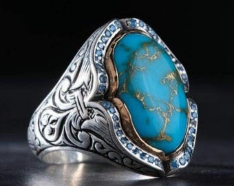 Natural Turquoise Stone Men's Ring: 925 Sterling Silver Adjustable Jewelry