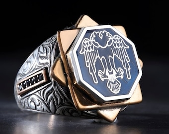 Double Headed Eagle Silver Ring with Black Zircon Stone | Adjustable Handmade Ring