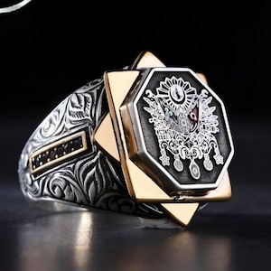 Ottoman Flag Sterling Silver Men&#39;s Ring: Black Zircon, Adjustable