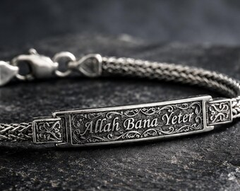 Allah Bana Yeter 925 Sterling Silver Bracelet, Islamic Engraved Men's Gift