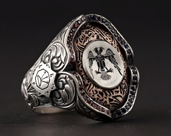 Double Headed Eagle Silver Ring: Turkish Zircon 925 Sterling Silver