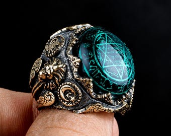 Green Amber Ring with Engraved Seal of Solomon Lion 925 Sterling Silver Men