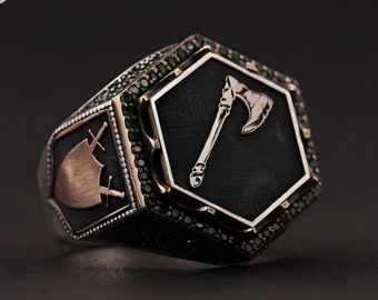 Handmade Viking Ax Men&#39;s Ring with Green Zircon Stone, Sterling Silver Man&#39;s Jewelry