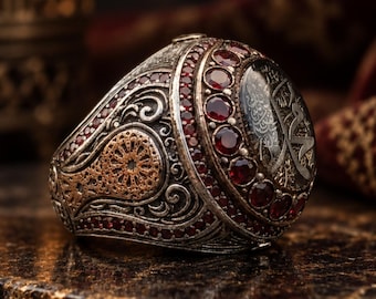 Personalized Islamic Garnet Ring, 925 Silver Arabic Calligraphy Men's Jewelry