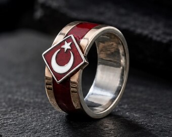 Turkish Flag Ring, 925 Sterling Silver Red Enamel Crescent Star Men’s Gift