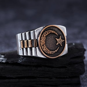 Sterling Silver Crescent Star Ring: Turkish Watchband Style, Adjustable