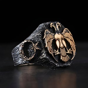 Adjustable Double-Headed Eagle Silver Ring, Unique Gift For Him, Seljuk Eagle Band
