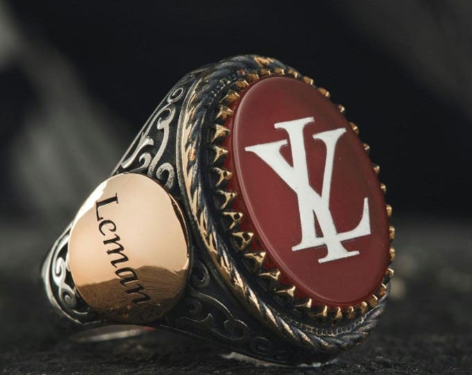 Handmade Sterling Silver Agate Ring: Engraved Initial Statement Ring