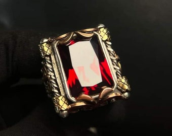 Sterling Silver Lily & Sword Ring: Red Zircon Stone, Adjustable