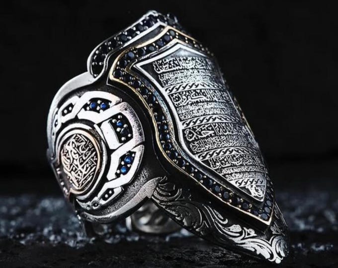 Quran Surah Silver Archer Ring 925 – Felak, Nas, Ihlas, Kafirun – Islamic Zircon Men Ring