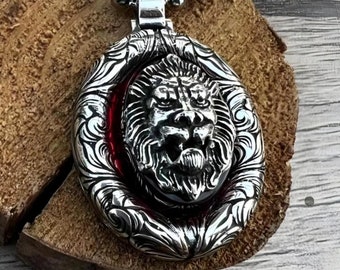 3D Lion Silver Necklace with Red Fire Amber Stones