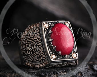 Coral Stone Ottoman Sterling Silver Ring: Engraved Statement Jewelry