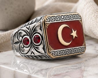 Turkish Flag Silver Ring 925 Sterling Red Enamel Crescent Star Men's Gift