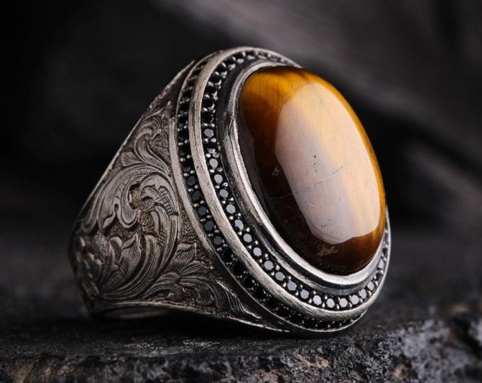Handmade Tiger Eye Sterling Silver Men's Ring: Engraved Gemstone, Customizable