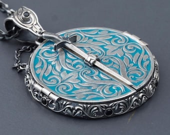 Sterling Silver Sword Necklace: Agate Stone, Enamel Islamic Prayer Jewelry