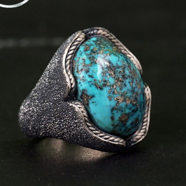 Natural Stone Silver Ring with Arizona Turquoise Stone Made with Sandblasting Technique, Unique Fashion Jewelry, Turkish Handcrafted Ring