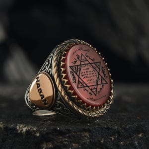 Handmade Agate Solomon Seal Ring – Engraved with King Solomon&#39;s Talisman – Personalized Islamic Men&#39;s Silver Ring