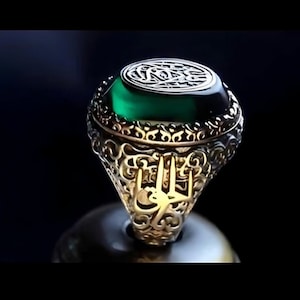 Green Amber Sterling Silver Men&#39;s Ring: Arabic Inscription, Islamic Jewelry