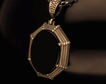 Black Amber Stone Sterling Silver Medallion Necklace