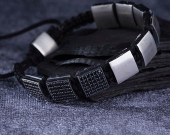 Handmade Zircon Sterling Silver Mens Bracelet - Turkish Adjustable Jewelry