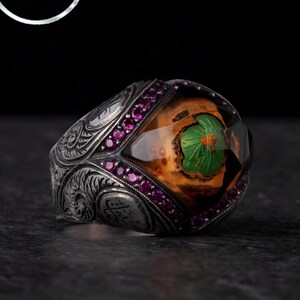 Carved Dome Sterling Silver Men&#39;s Ring: Ruby Gemstone, Islamic Design