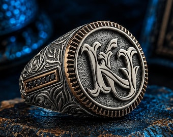 Custom Initial Letter Silver Ring, Black Zircon Signet Ring, 925 Gift for Men