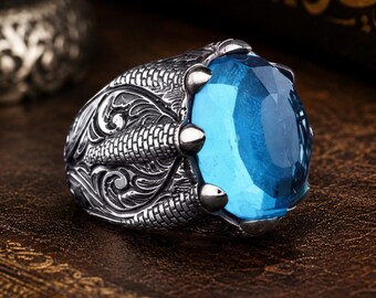 Aquamarine Sterling Silver Mens Ring Ottoman Engraved Turkish Gift Him