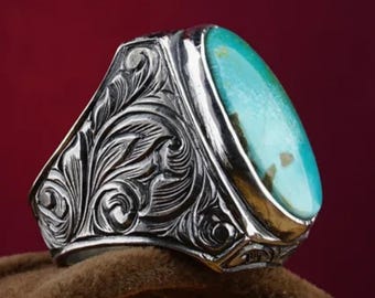 Handmade Turquoise Sterling Silver Ring: Engraved Detail Jewelry