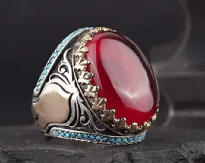 Ab-ı Ateş Red Fire Amber & Micro Turquoise Zircon Silver Ring – Customizable Ottoman Design