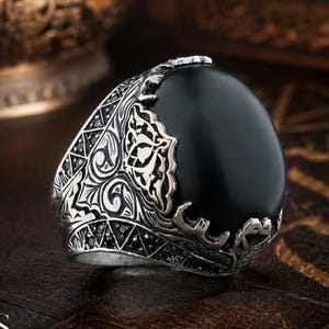Erzurum Oltu Stone Ring: Sterling Silver Micro Zircon Turkish Jewelry