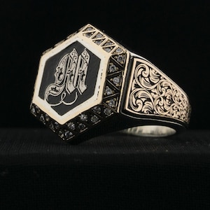 Handmade Hexagon Gentleman White Zircon Sterling Silver Men&#39;s Ring, Monogram Written Custom Ring, Turtle Pattern Ring, Gift Silver Ring