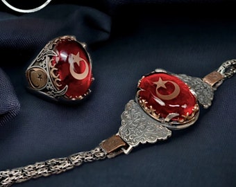 Sterling Silver Ring and Bracelet Set: Red Amber Moon Star Jewelry