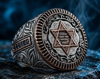 Seal of Solomon Ring 925 Sterling Silver Ottoman Men Black Zircon Gift