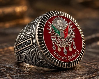 Custom Ottoman Crest Ring, Personalized Name, Black Zircon, 925 Silver