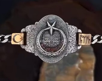 Custom Name Crescent Star Bracelet: Sterling Silver Zircon Stone, Göktürk Script