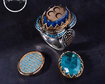 Three-Headed Turquoise Stone Fusunkar Hasbiallah Ring, Amber Stone And Paraiba Stone Ring, Turkish Handmade Gift For Her Jewelry Men