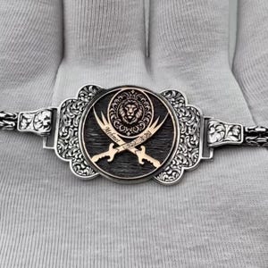Zulfiqar Sword Sterling Silver Bracelet: Lion Motif, Custom Islamic Bangle