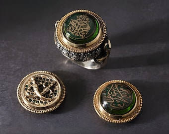 Handmade Sterling Silver Men's Ring: Green Stone, Interchangeable Heads