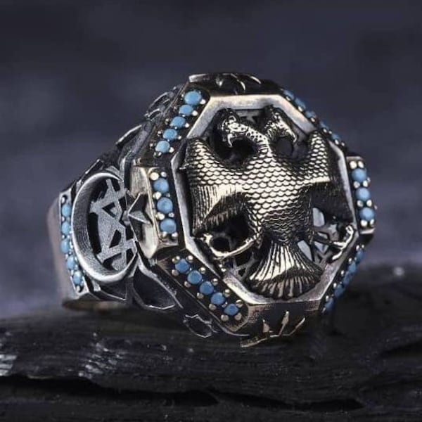 Double Headed Eagle Saltwater Stone Silver Men's Ring, Eagle Headed Ring, Unique Ring, Natural Stone Ring