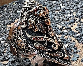 Maned Lion 925 Sterling Silver Ring: Adjustable Sword Design