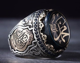 Black Amber Stone Handmade Oval Ring, Arabic Name Ring