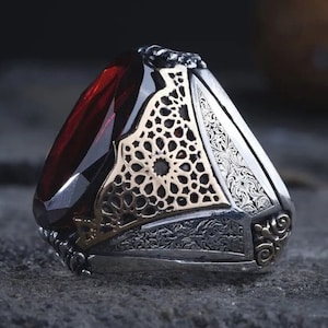 Turkish Handmade Sterling Silver Ring: Red Zircon Gemstone, Engraved Band