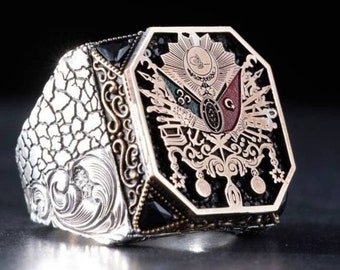 Ottoman Flag Embroidered Black Zircon Stone Handmade Silver Ring, Turkish Gift Jewelry