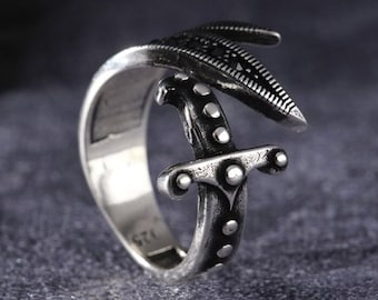 Handmade Sterling Silver Zulfiqar Sword Ring - Adjustable Black Zirconia