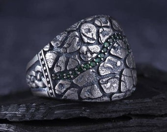 Green Zircon Sterling Silver Mens Ring - Turkish Handmade Jewelry