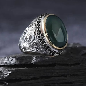 Natural Jade Silver Men&#39;s Ring, Handcrafted Engraved Jade Ring, Healing Jade Jewelry for Men