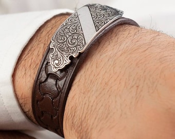 Leather Men's Bracelet: Sterling Silver Name Plate, Adjustable Handmade Jewelry
