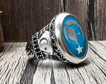 Turquoise Color and Black Zirconium Stone Turkish Silver Ring, Handmade Men's Gift, Father's Gift