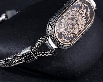 Handcrafted Sterling Silver Men's Bracelet: Black Inshirah, Fox Tail Chain