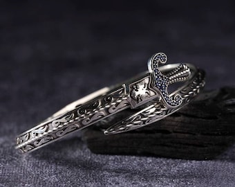 Blue Zircon Sword Bracelet: Sterling Silver Engraved Adjustable Bangle